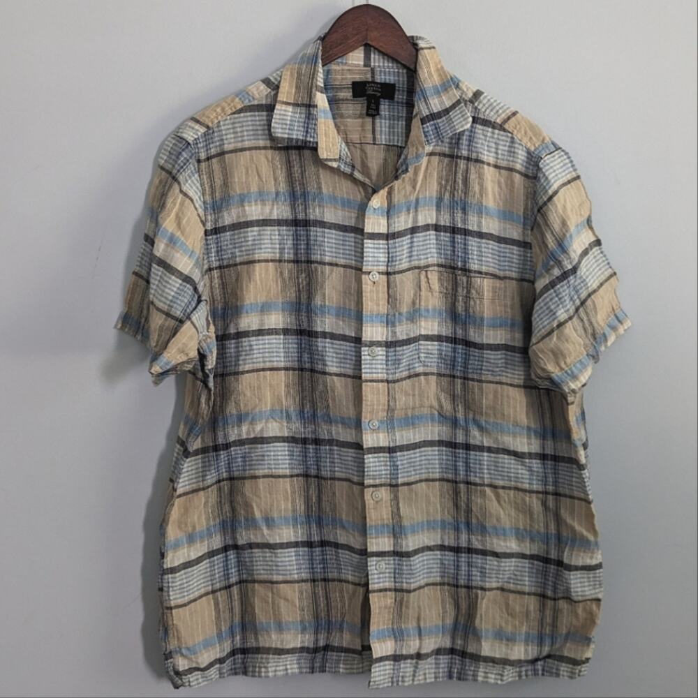 Men's Charter Club Luxury Linen Button Down Tan Blue Plaid Large